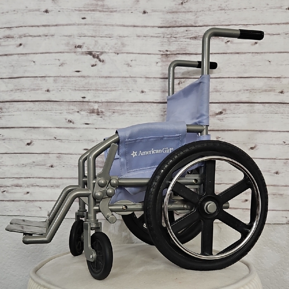 American Girl Wheelchair with Silver Frame and Light Blue Fabric
